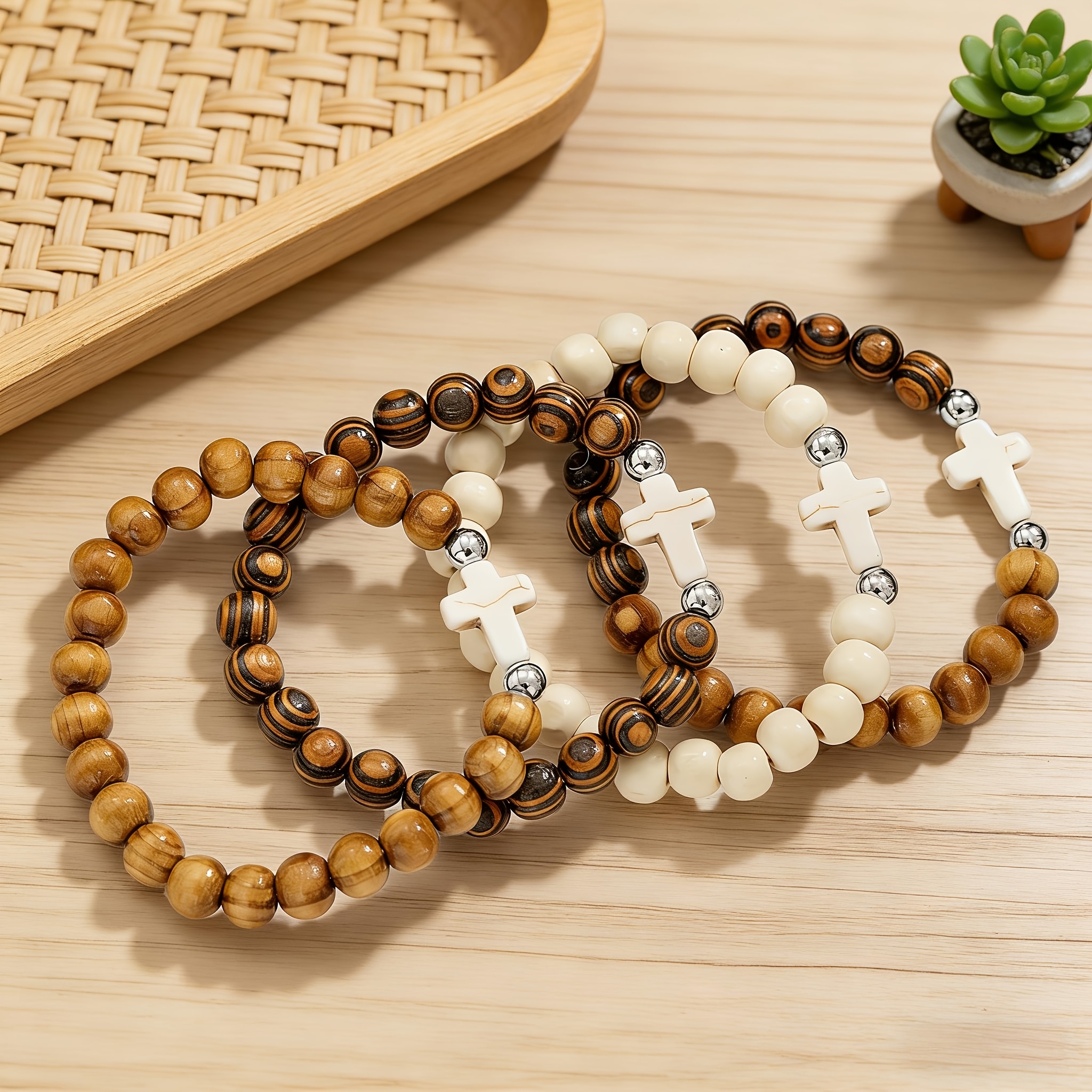 Random 12pcs Ethnic Style Wooden Bead Bracelet Set, Unisex
